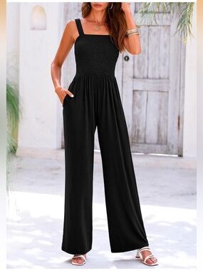 Black Smocked Strap Maxi Jumpsuit